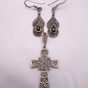 Sterling Silver & Marcasite Set - Earrings/Pendant